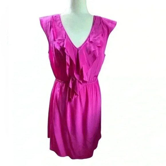 Rebecca Taylor Sleeveless Ruffle 100% Silk Fuchsia Dress Size 10 - Picture 2 of 8